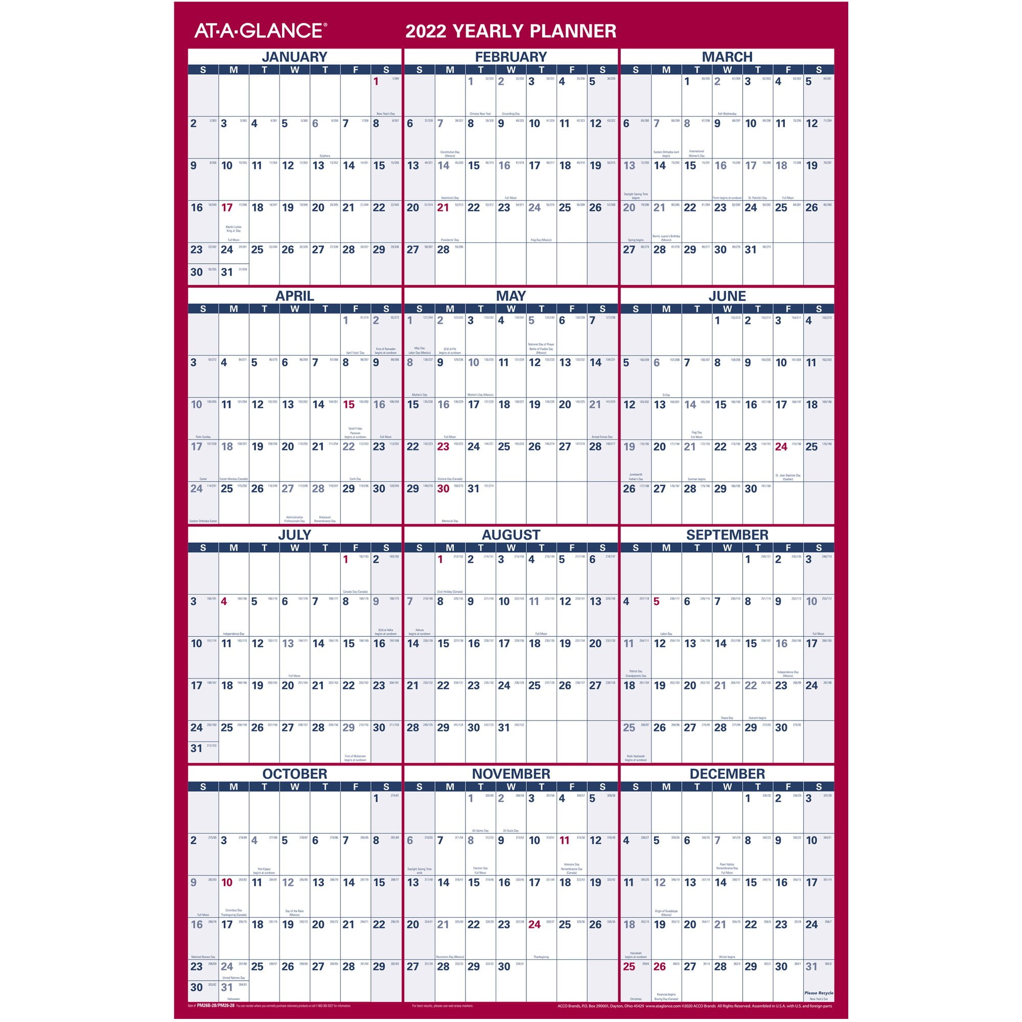 AT-A-GLANCE 2019 Yearly Wall Calendar Vertical PM210S28 Erasable Large Dry Erase 24 x 36 Academic and Regular Year