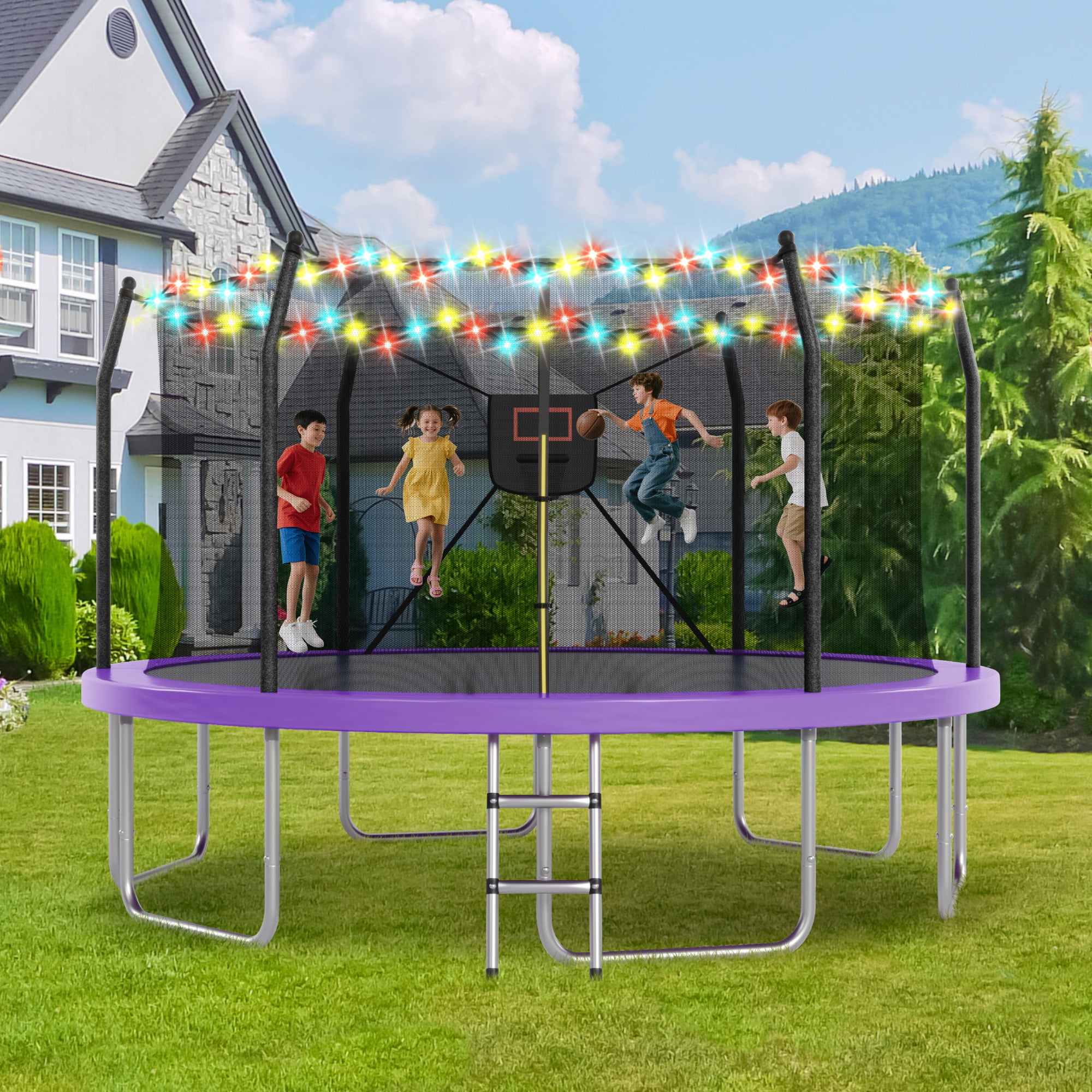 14FT Outdoor Recreational Trampoine for Kids and Adults, SHINPT Large Trampoline with Lights and Basketball Hoop, Heavy Duty Trampoline with 1500lbs Capacity, 14FT Big Trampoline for Backyard, Lawn