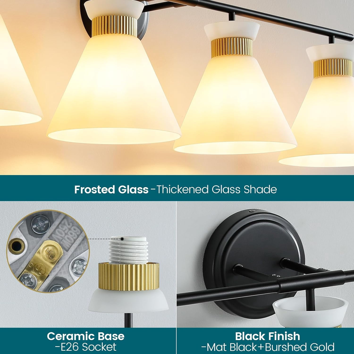 4-Lights Vanity Lights for Bathroom Black and Gold Wall Sconce Lighting with Frosted Milky Glass for Over Mirror Bedroom Hallway