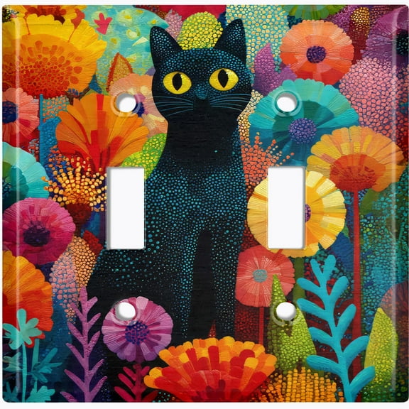Metal Light Switch Wall Plate Outlet Cover (Black Cat with Vibrant Flowers - Double Toggle)