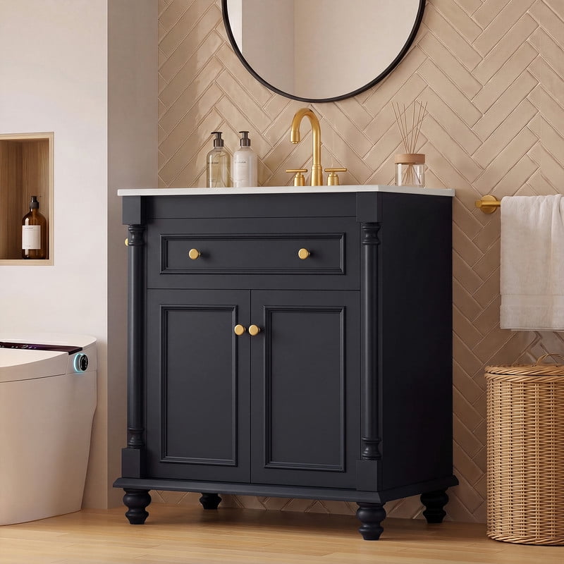Lacoo 30'' Freestanding Bathroom Vanity with Integrated Ceramic Sink, Traditional Bathroom Storage Cabinet with Flip Drawer, Double Doors & Side Towel Bar, Blue