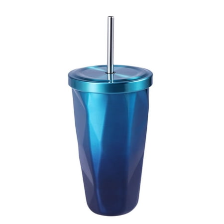 

Tinksky Stainless Steel Tumbler with Straw Hot and Cold Double Wall Drinking Cups Coffee Mugs 500ml Irregular Diamond with Lid (Blue-green)