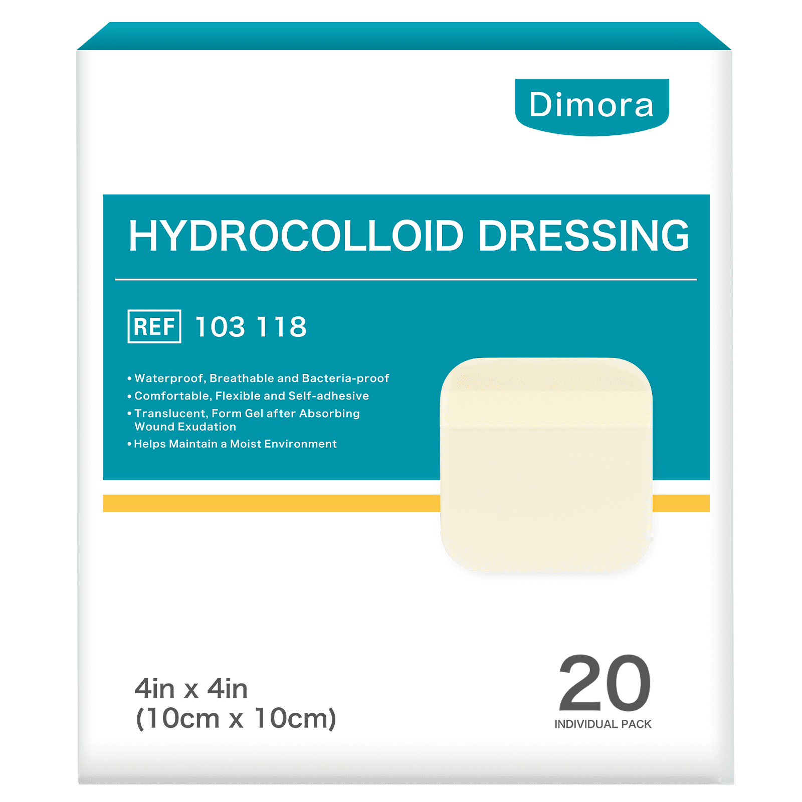 Dimora Hydrocolloid Wound Care Patches - Transparent Sterile Adhesive Dressing for Fast Healing, Ultra Thin, Waterproof Absorbent, 4" x 4" 20 Pcs
