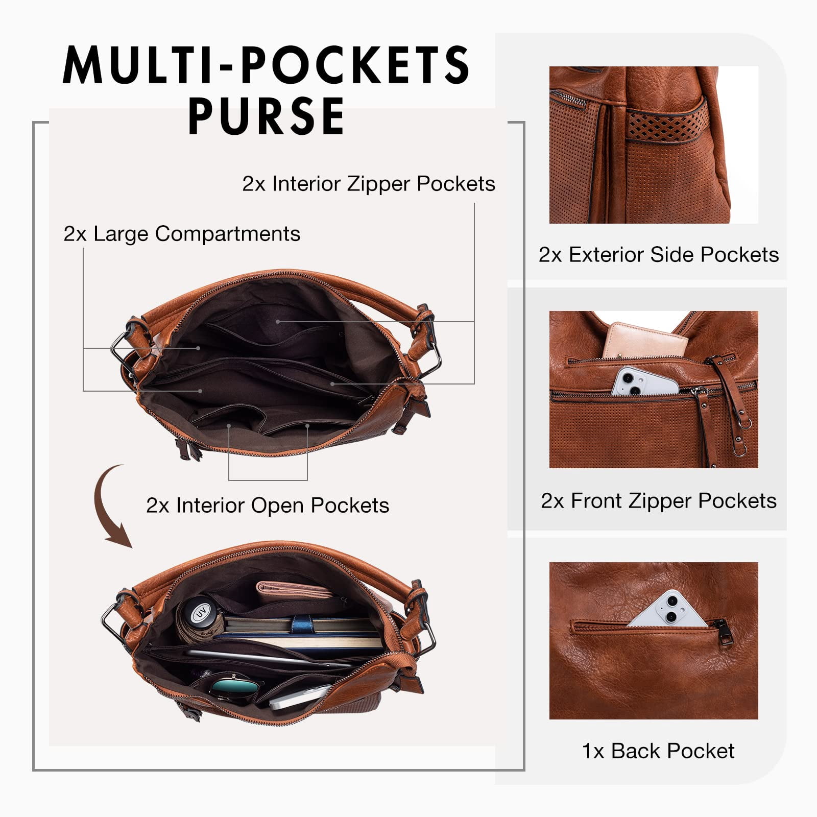 Capamaster Large Capacity Vintage Hobo Bag | Retro PU Leather 2-Way Shoulder Crossbody Purse for Women Brown