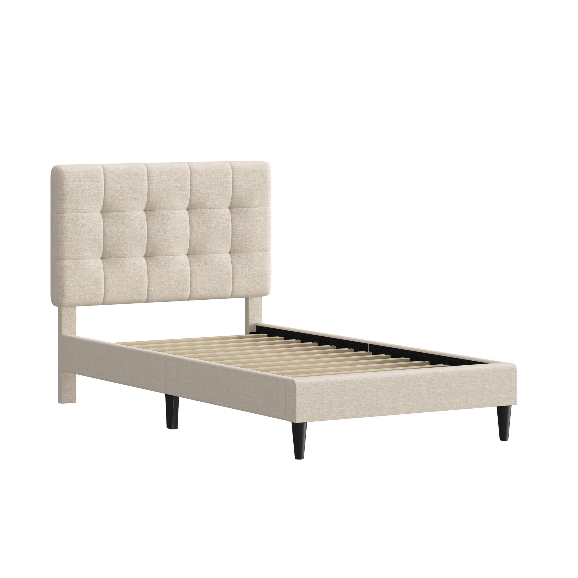 Mainstays Hillside Square Tufted Upholstered Twin Platform Bed, Ivory Fabric