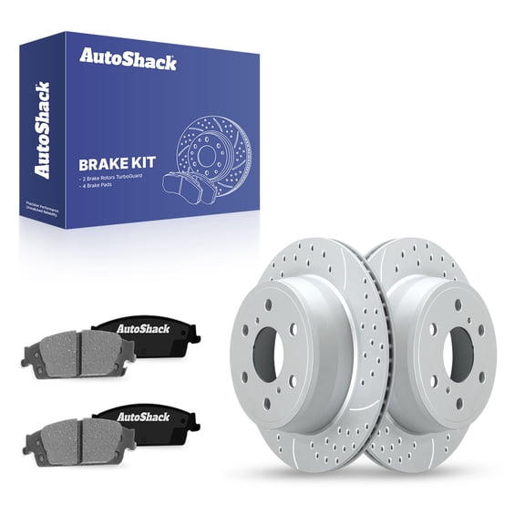 AutoShack Rear Vented Drilled & Slotted Coated Brake Rotors Silver Matte Finish   Ceramic Pads 6-PC Brake Kit Replacement for 2014-2018 Chevrolet Silverado 1500 TurboGuard 13.57" (344.8 mm)
