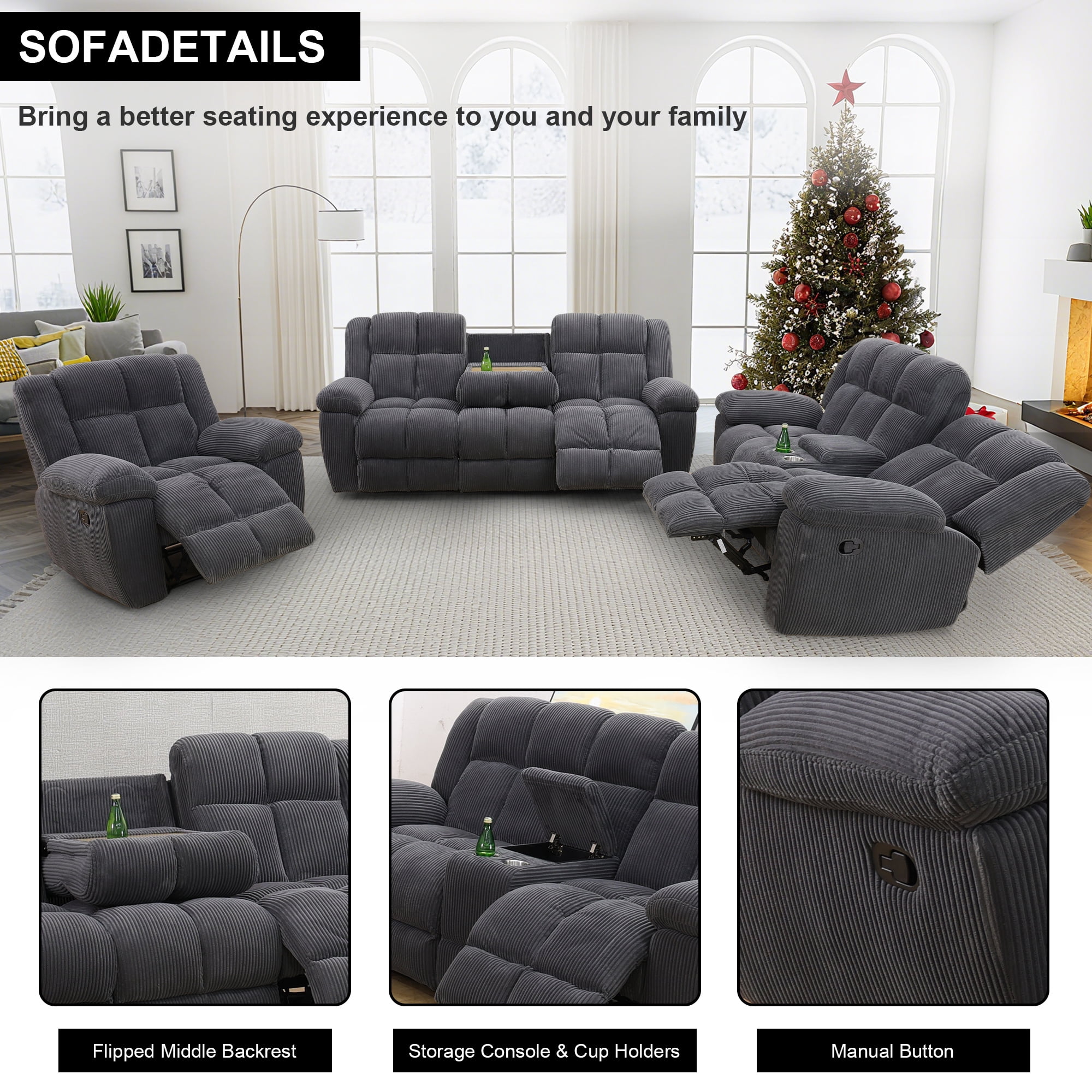 Aukfa 3-Piece Recliner Sofa Set, Oversized Armchair+Loveseat +3 Seat Sofa, 2 Cup Holders&Storage Console, Corduroy, Gray