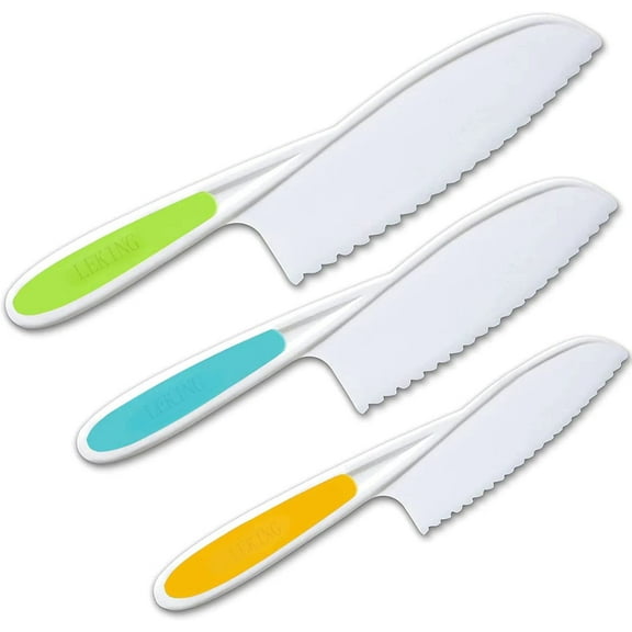 3 Pcs Kids Kitchen Knife, Plastic Serrated Edges Kids Knife Set for Cooking and Cutting Cakes, Fruits and Veggies, Perfectly Safe for Kids Toddler Chef Knife Set for Kids Real Cooking
