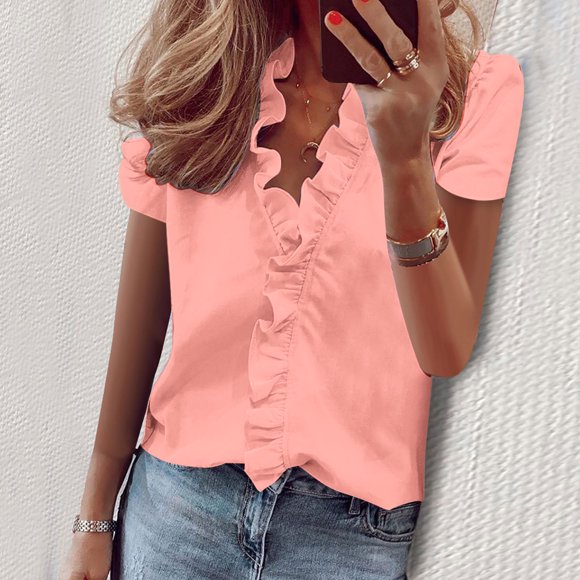 Frostluinai Short Sleeve Shirts for Women V Neck Ruff Front T Shirts Casual Dressy Work Office Blouses Plus Size Lightweight Tee Shirts