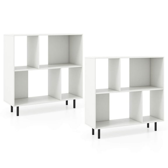 REKHH  4 Cube Storage Organizer, 2 Tier Bookcase with Metal Legs, Open Compartments, Wooden Bookshelves and Bookcases, Cubical Storage Shelf, Modern Cubby Bookshelf for Living Room (2, White)