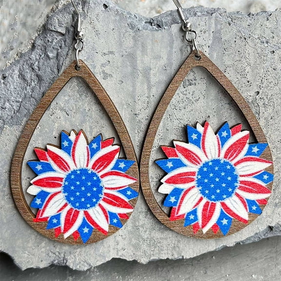 QIQUWOHUL Wooden Hollow Droplets American Independence Day Earrings July 4ths Sunflower Earrings
