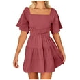 thumbnail image 1 of Birdeem Robe Mini à Manches Courtes Décontractée Unie d'Été à Col Carré pour Femmes, 1 of 5