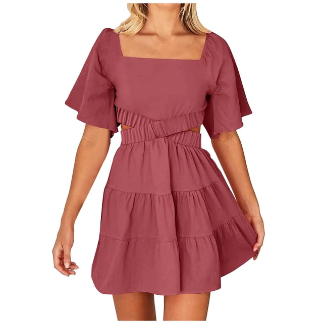 AherBiu Robe pour Femmes à Encolure Carrée, Manches Courtes, Découpes, Plissée, à Volants, Été, Bohème, Plage, Mini