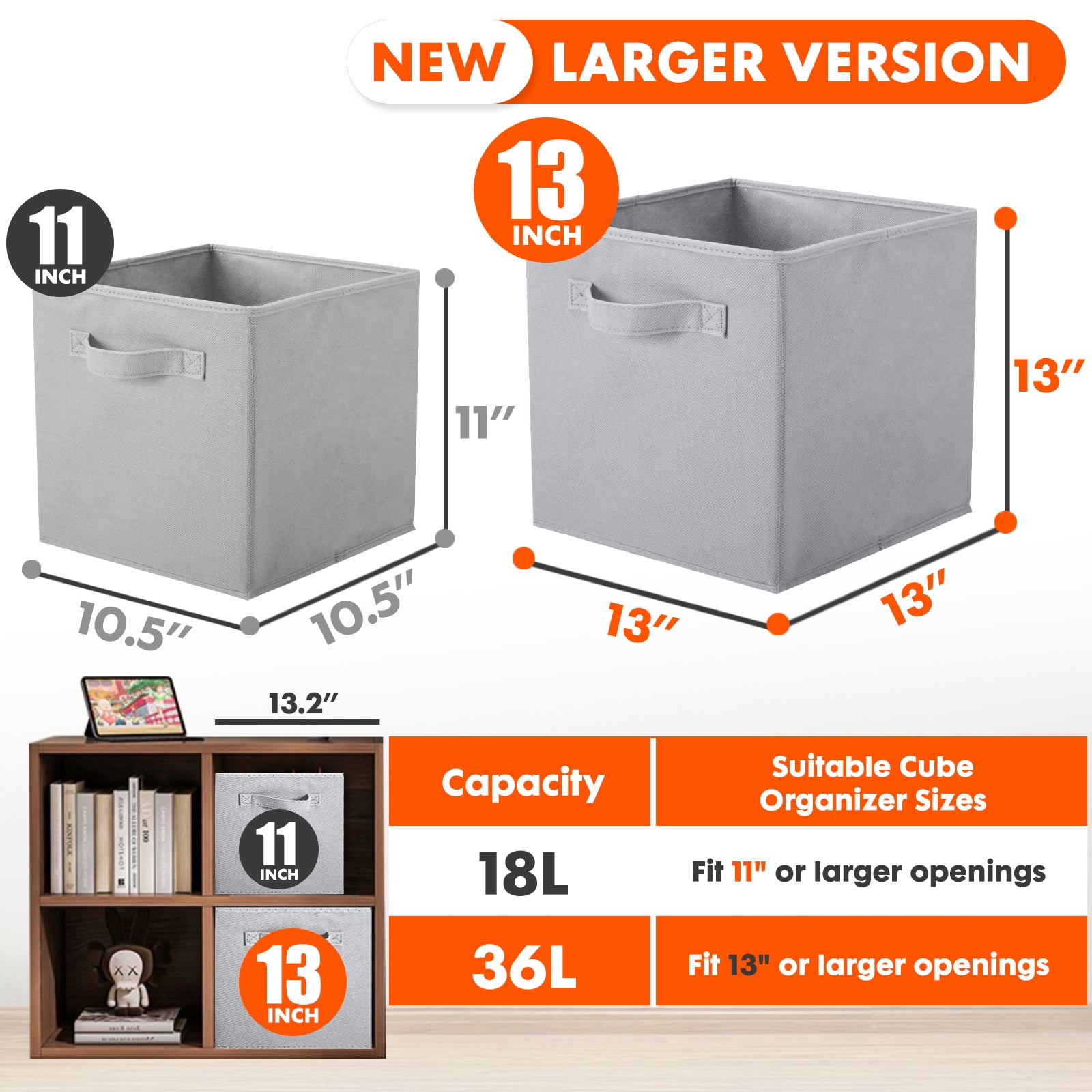 PinkSheep Collapsible Fabric Cube Storage Bins, Foldable Storage Cubes Organizer Bins Basket(13" x 13"), Gray, 6 Pack
