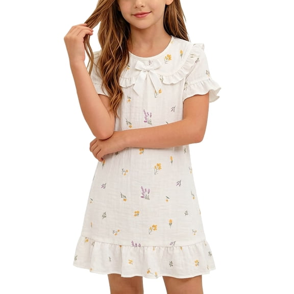 Amidoa Girls Summer Dresses A-Line Cute Short Sleeve T-Shirts Midi Casual Cotton Floral Print Sundress Beige Size 7
