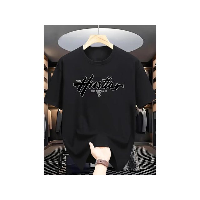 Camiseta de manga corta de algodón con estampado gráfico de Hustle Houston para hombre, cuello redondo informal, tejido de punto de poliéster ligeramente elástico, corte regular, manga corta con detal