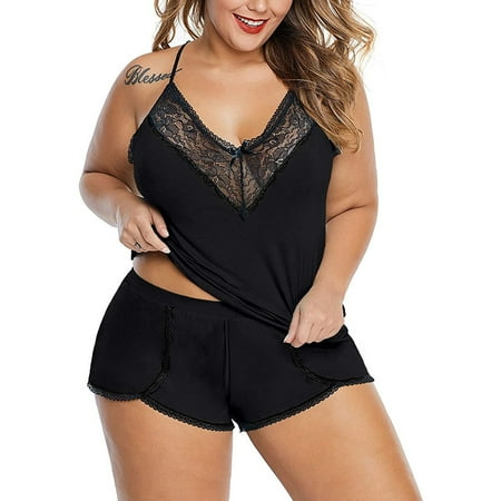 

LAPA Women Sexy Plus Size Lace Panel V-Neck Sleeveless Lingerie Set