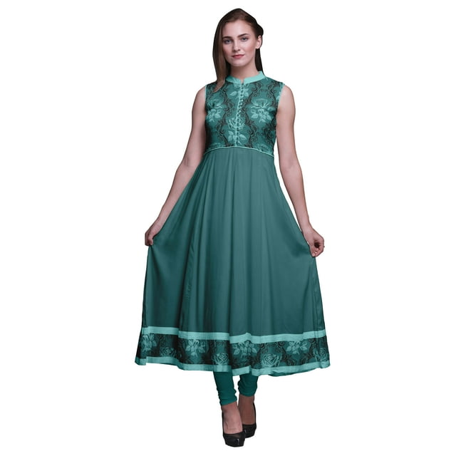 Bimba Robe Anarkali à Col Mandarin pour Femmes, Vert Sarcelle, Imprimée de Fleurs, Style Ethnique Indien, Kurta, XX-Grand