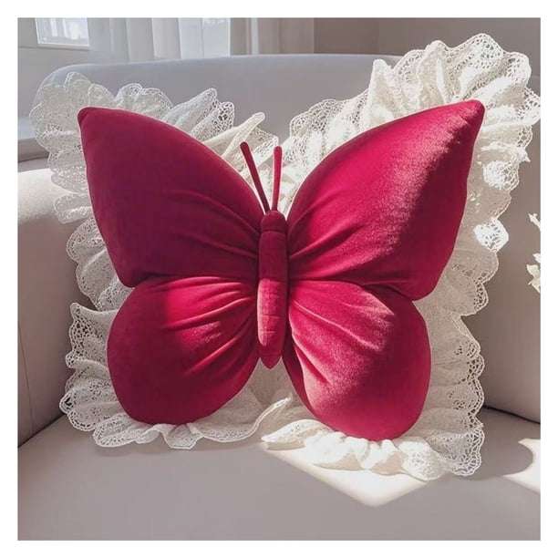 Elegante almohada en forma de mariposa con ribete de encaje, funda de cojín decorativa for dormitorio
