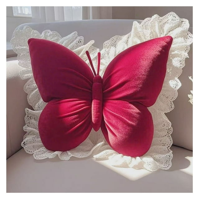 Elegante almohada en forma de mariposa con ribete de encaje, funda de cojín decorativa for dormitorio