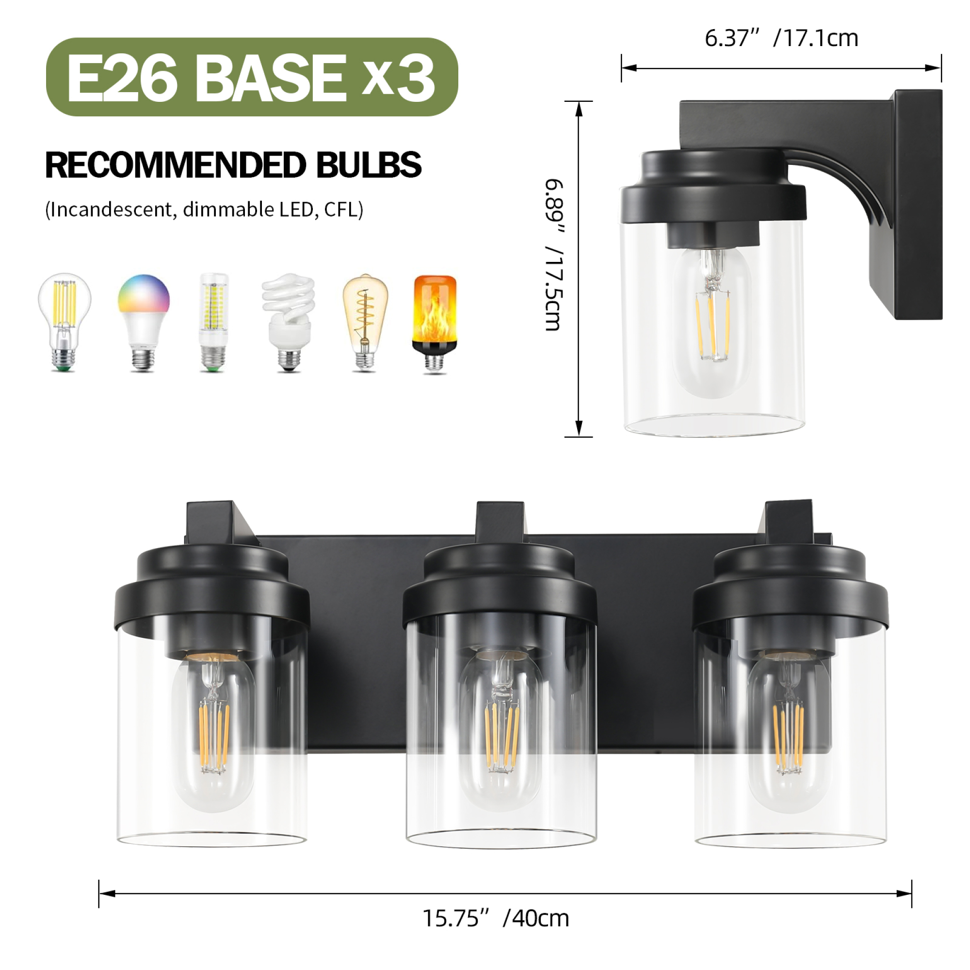 Leumius 3-Light Bathroom Light Fixtures Over Mirror Bathroom Vanity Light, Black Vanity Lights with Clear Glass Shade, Modern Bathroom Light Fixtures for Bedroom, Hallway(No Bulbs)