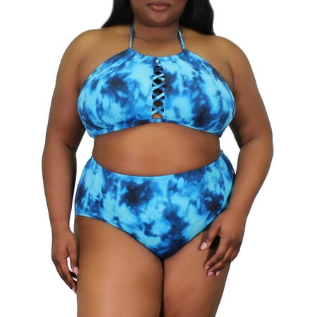 100 Degrees Women's Plus-Size Tie Dye X-Front Bikini Swimsuit Top