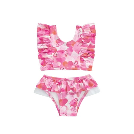 

xkwyshop Toddler Baby Girls Summer Swimsuit Sleeveless Print Swimwear Two-Piece Suit Beach Bikini Beachwear Rose Red Flamingo