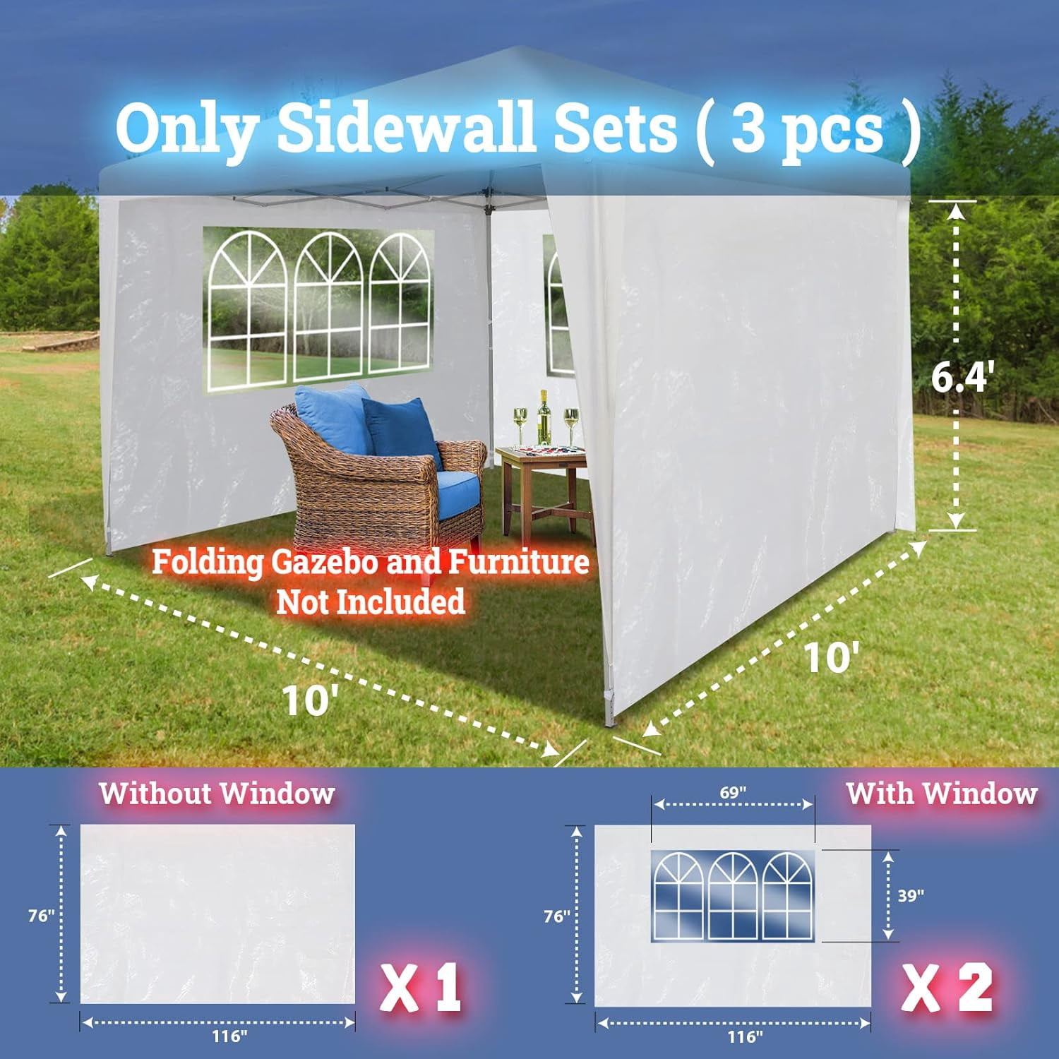 Multi-Type 10' L X6.4' W Side Panel for 10' X 10' Tent, Outdoor Replacement sidewall for Folding Tent Canopy Gazebo Marquee