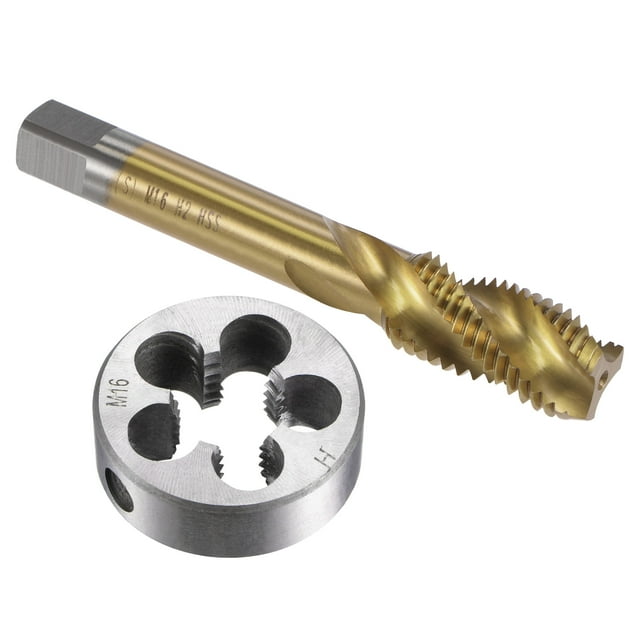 Unique Bargains M16 x 2 Titanium Plated Spiral Flute Thread Tap Round Die Tap and Die Set