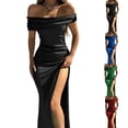 thumbnail image 2 of Womens Satin Pleated Slip Dress Sexy Solid High Split Party Dress Off-Shoulder, 2 of 10