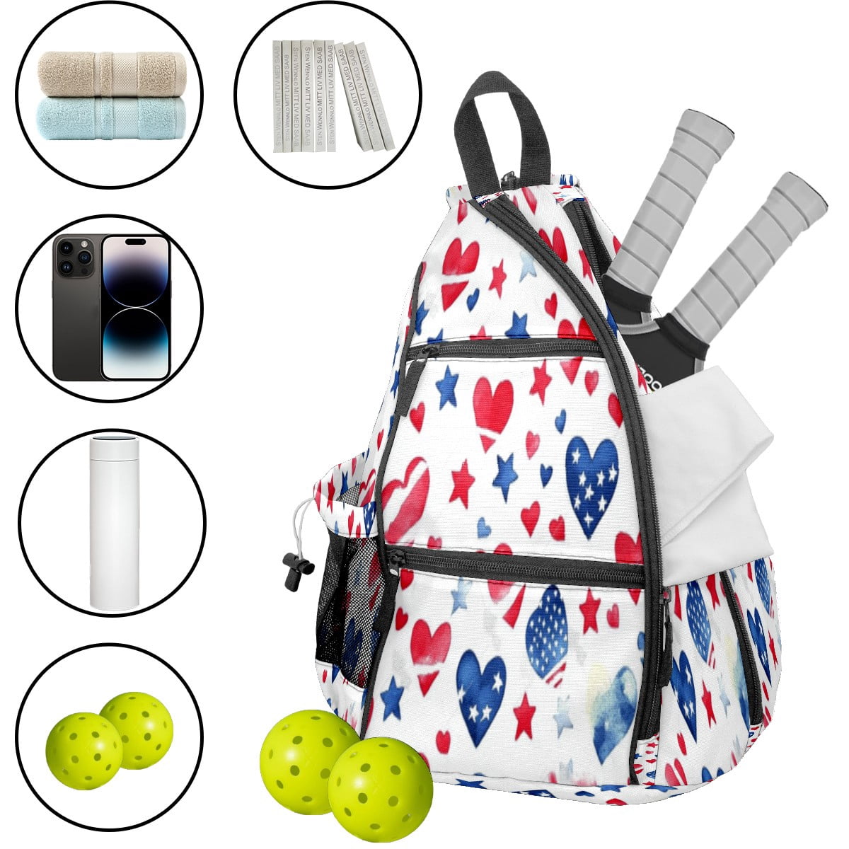 Pickleball Bags for Men Women Pickleball Backpack with Large Capacity Lightweight Adjustable Pickleball Sling Bag Hold Paddles, Balls, Accessories Red, White And Blue Heart And Star Pattern