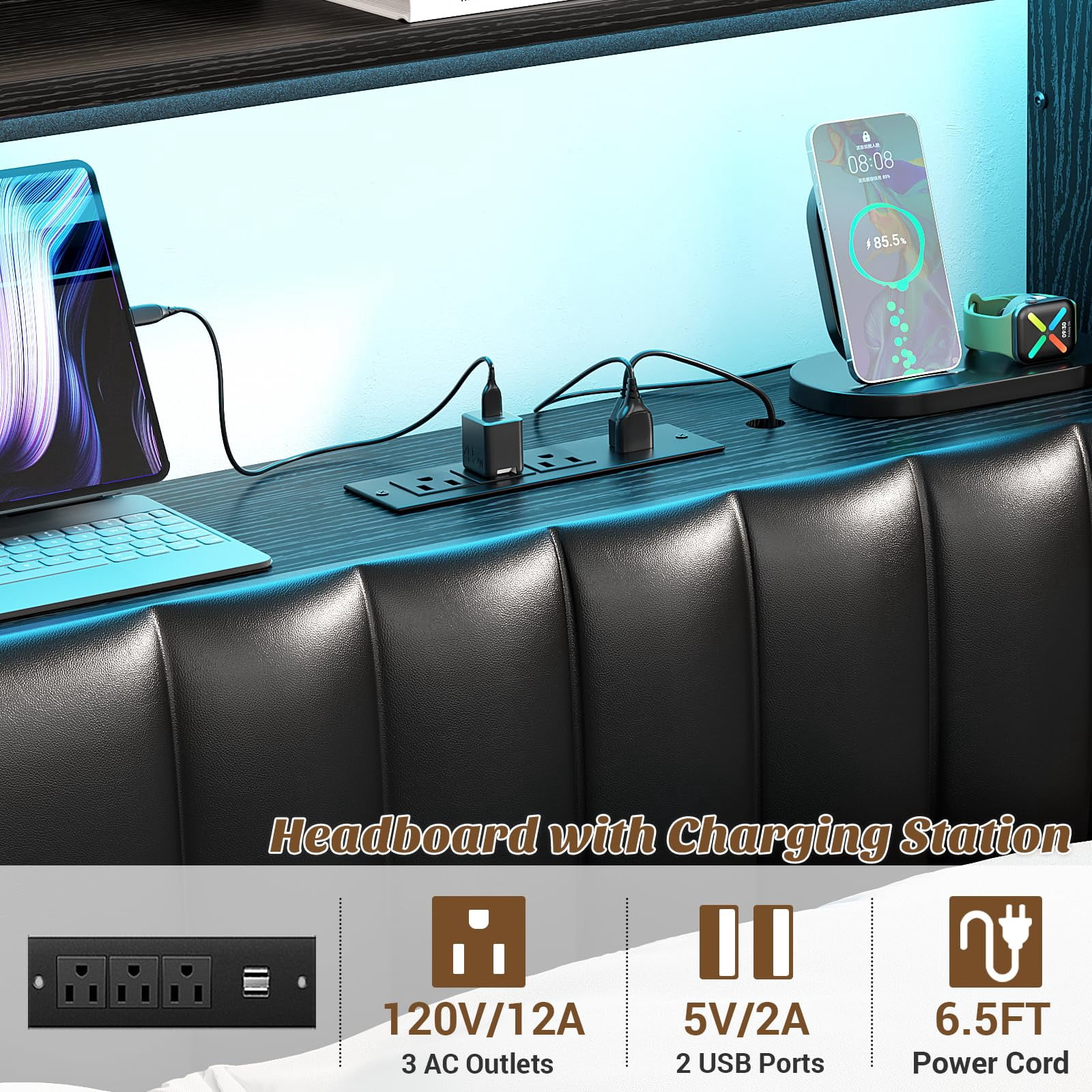 Aheaplus Twin Headboard with Drawer Storage and RGB LED Light, Twin Size Upholstered Headboard with Charging Station and Bookcase, for Bedroom/Dorm Room/Guest Room, Black