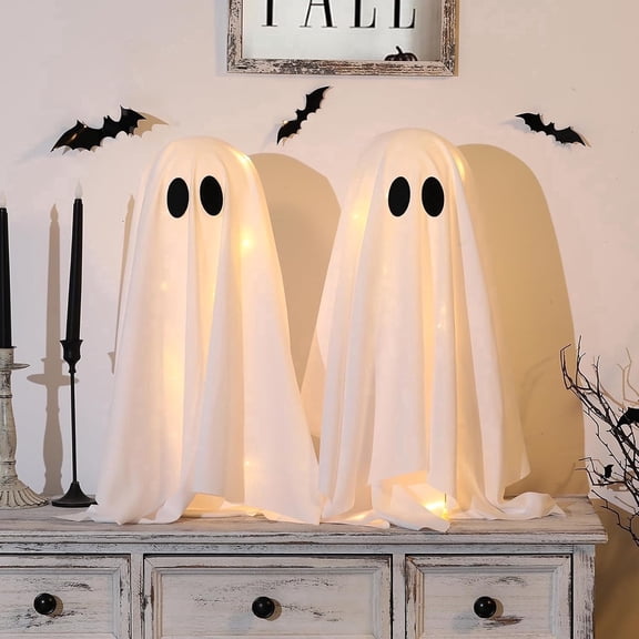 TETOU 2 Packs Halloween Spooky Ghosts with String Lights,Scary Cute Ghost for Halloween Decoration Indoor Party Home Table Room Kitchen Fireplace Decor
