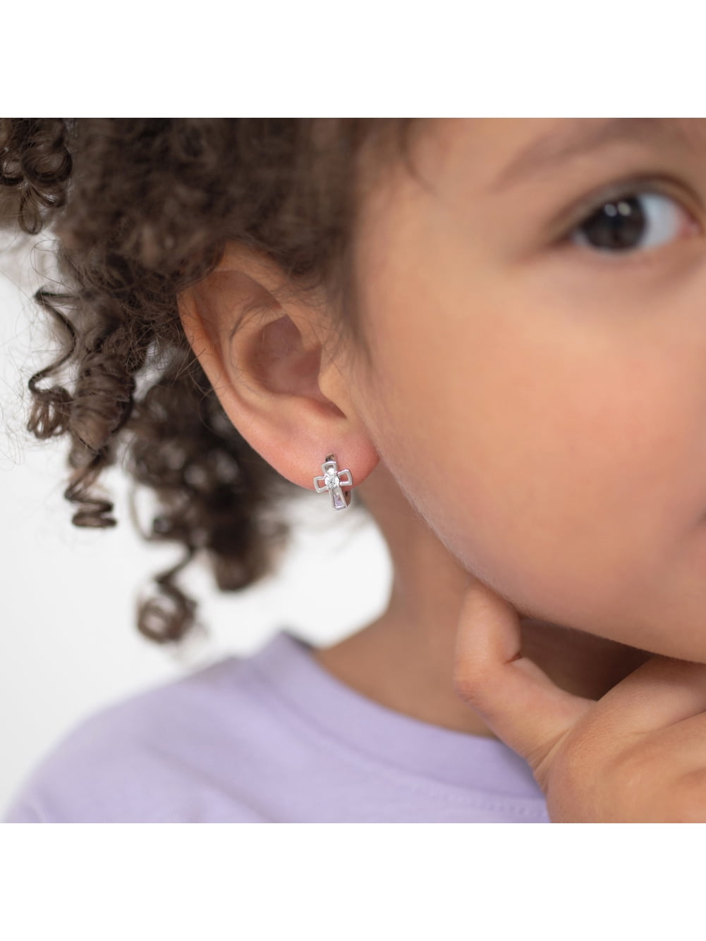 CZ Cross 9mm Kids / Children's / Girls Earrings Hoop - Sterling Silver