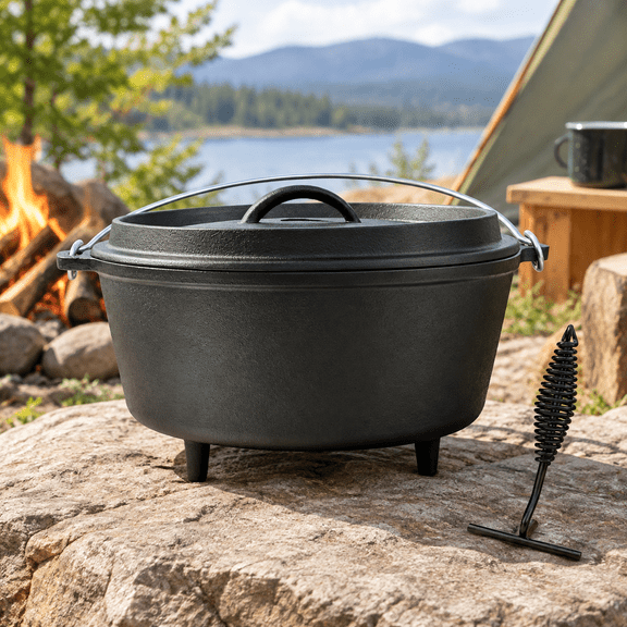 Pre-seasoned 8QT Large Cast Iron Camping Dutch Oven Pot With Lid