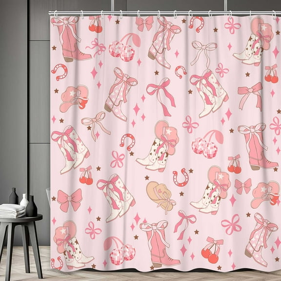 Pink Bow Western Shower Curtain, Cowgirl Cute Bowknot Disco Cherry Bow Boots Caps Shower Curtain Set for Boys Teens Girls, Waterproof Bath Curtain Decor with Hooks,Pink,70X70
