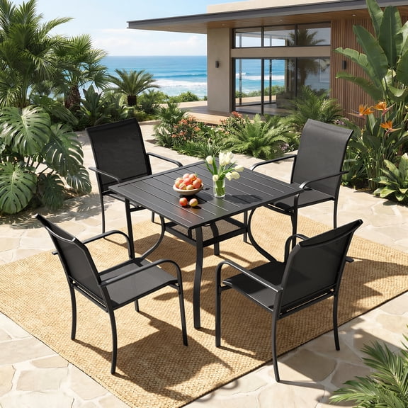 SUNCROWN 5-Piece Outdoor Patio Dining Set with Metal Steel Square Table with 1.57" Umbrella Hole, Textilene Chairs for 4-Person,(Black)