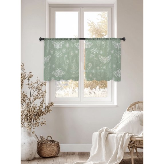 Sage Green Butterfly Botanical Semi Sheer Curtains 45 Inch Length 2 Panels Set, Summer Plants Line Art Sheer Kitchen Curtain Privacy Voile Window Curtain for Living Room Bedroom Rod Pocket Drapes