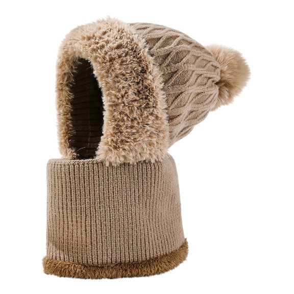 HAPIMO Cable Knit Plush Neck Warmer Integrated Hat Pom Pom Decorated Hat for Winter Daily Wear Khaki