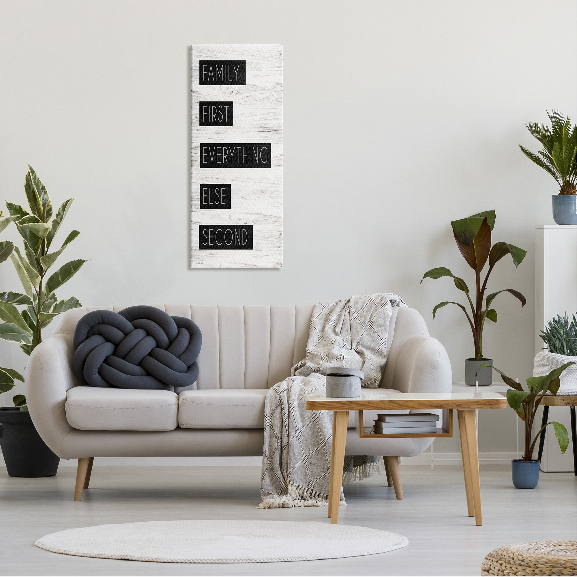 Stupell Industries Family First Loving Phrase Rustic Birch Pattern Graphic Art Gallery Wrapped Canvas Print Wall Art, Design by Cindy Jacobs