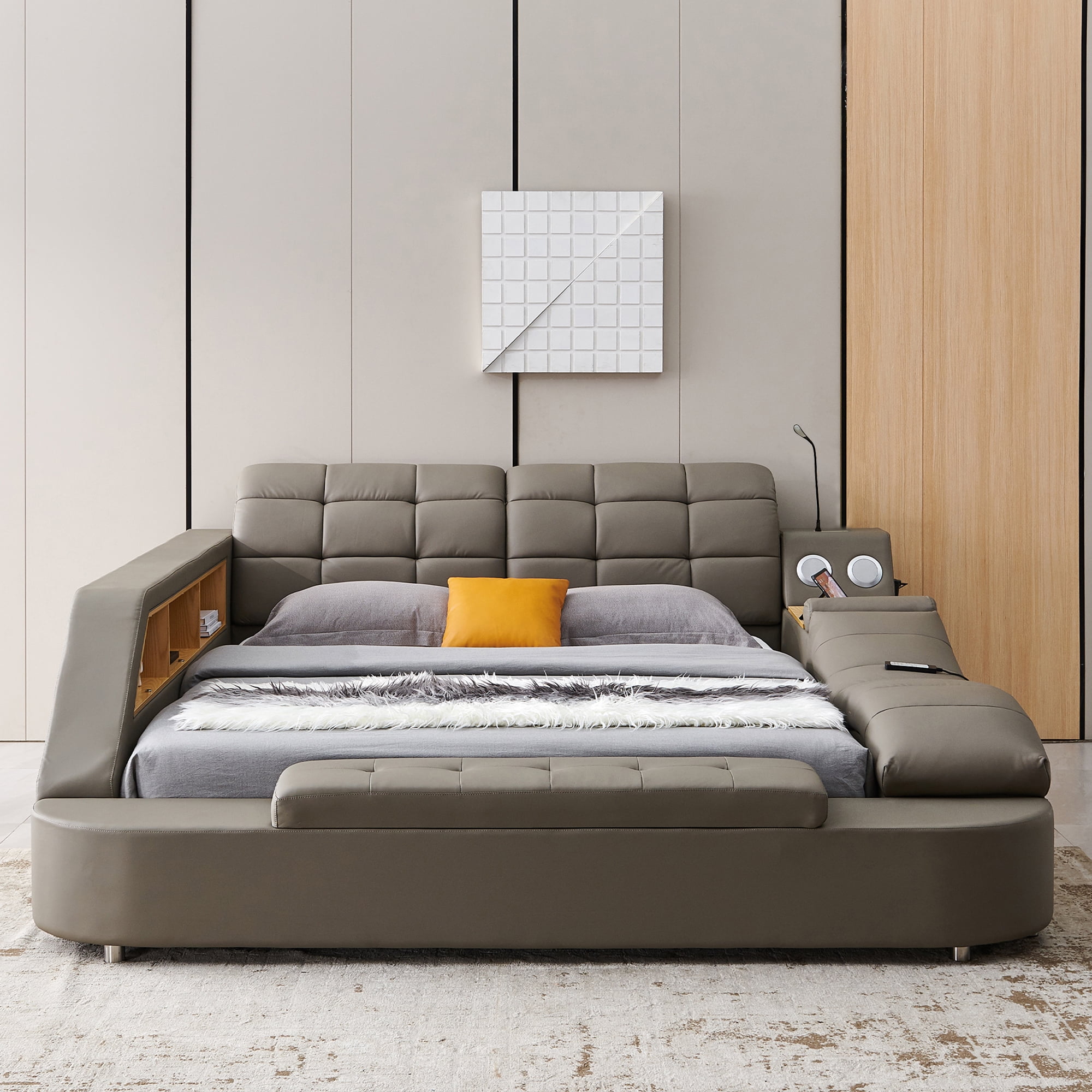 Queen Size Multifunctional Bed Frame, Upholstered Storage Platform with Right-Side Massage Recliner, Music Speaker, USB Charging Station