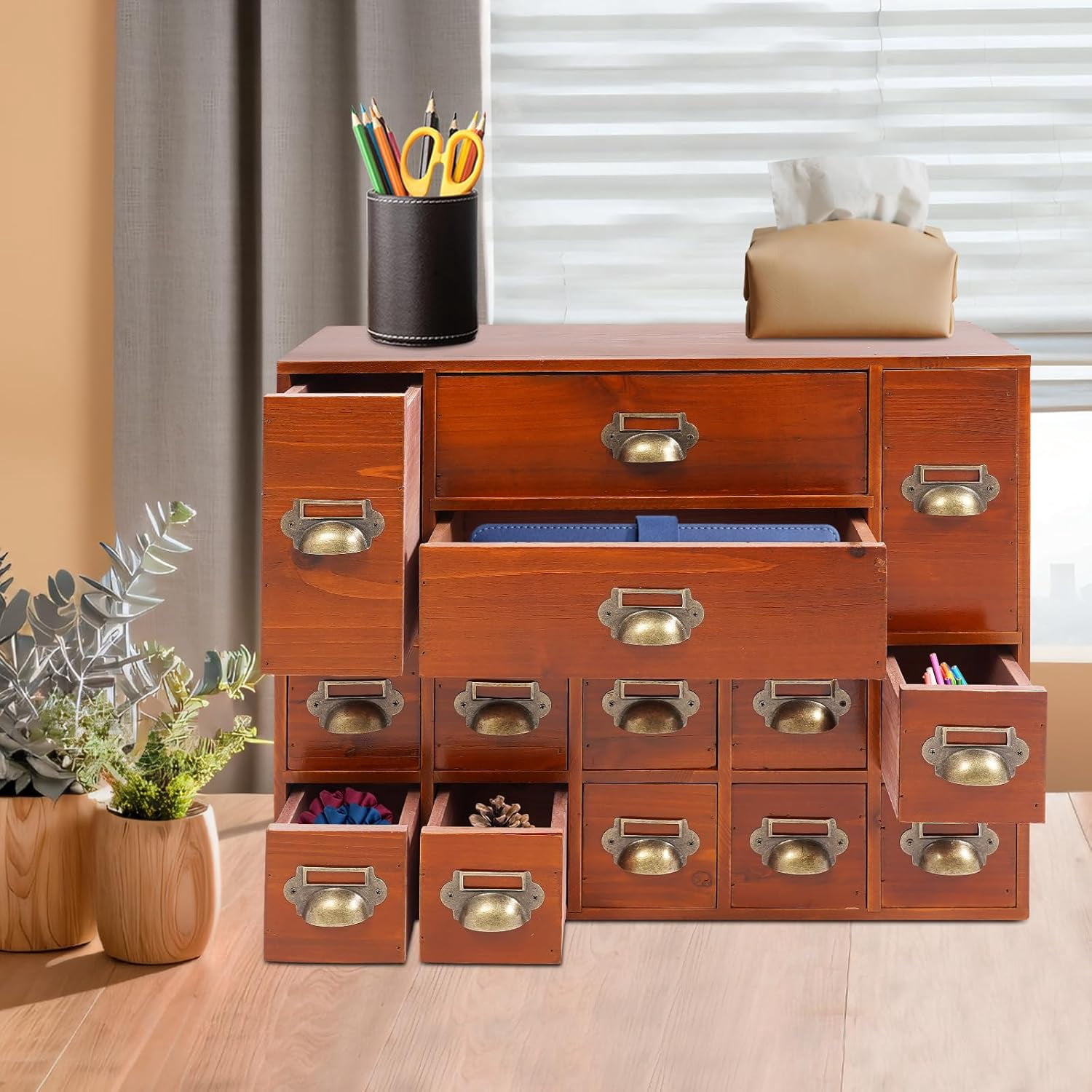4 Tier Office Desk Organizer with 14 Drawers, Wooden Apothecary Cabinet Desktop Storage Cabinet with Label Boxes, Makeup Organizer Filing Case for Office Bedroom Home, L21*W6.3*H16.7in