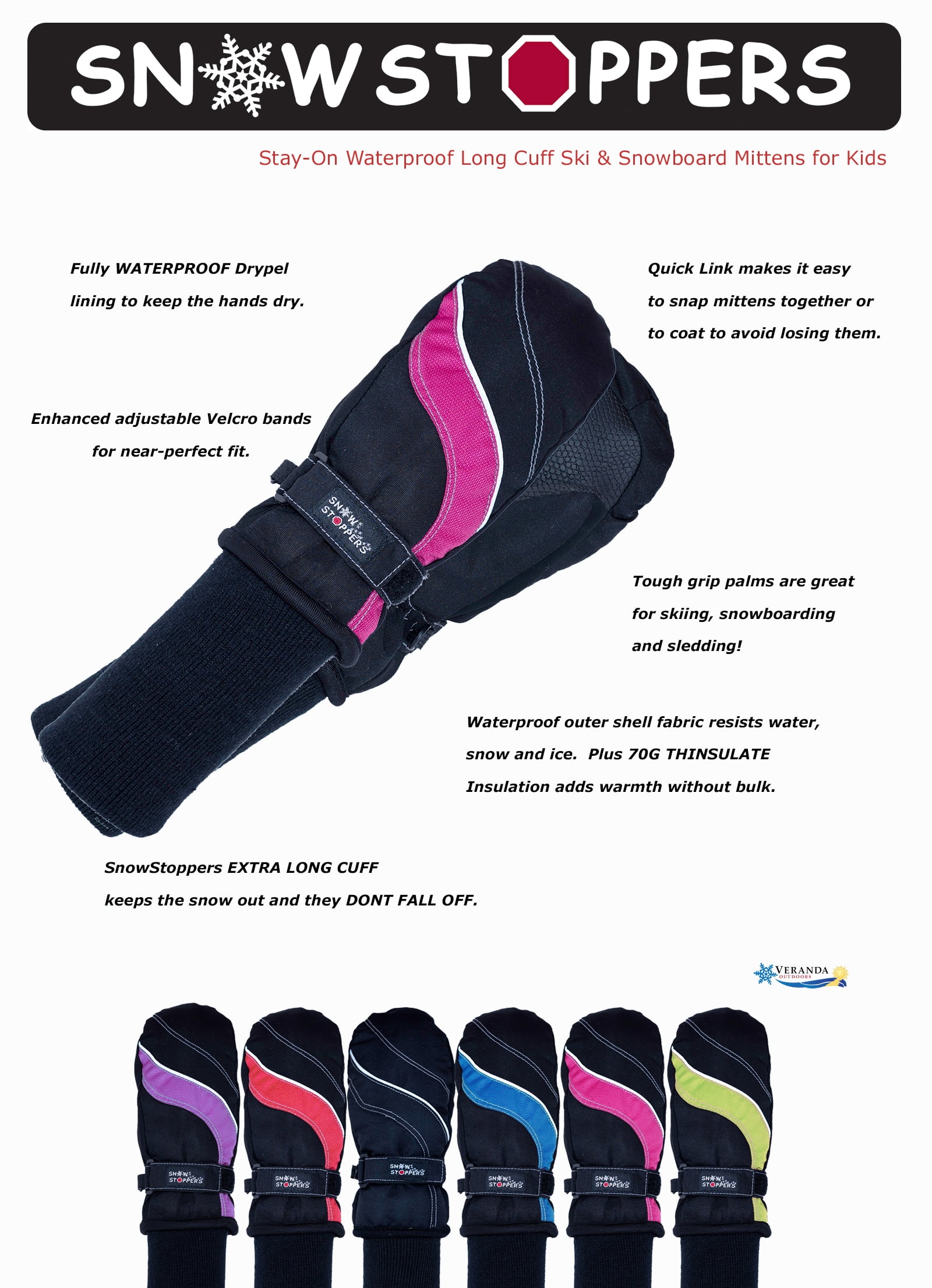 SnowStoppers Kids Ski & Snowboard Mittens (Extra Large, Fuchsia)