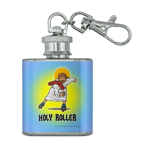 Holy Roller Jesus Roller Skating Funny Humor Stainless Steel 1oz Mini Flask Key Chain