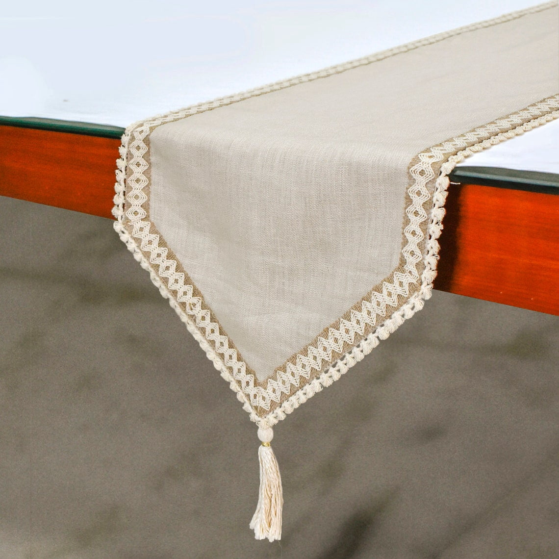 The HomeCentric Decorative Beige Table Runner Coffee Table Runner (14 x 36 inch) Lace, Tassels, Linen fabric Table Linen, Bordered Pattern Contemporary Style - Timeless Linen Loom
