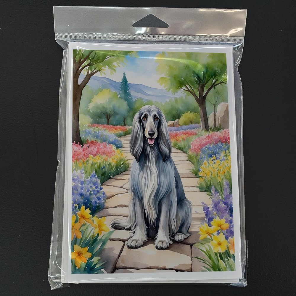 Afghan Hound Spring Garden Greeting Cards Pack of 8 7 in x 5 in
