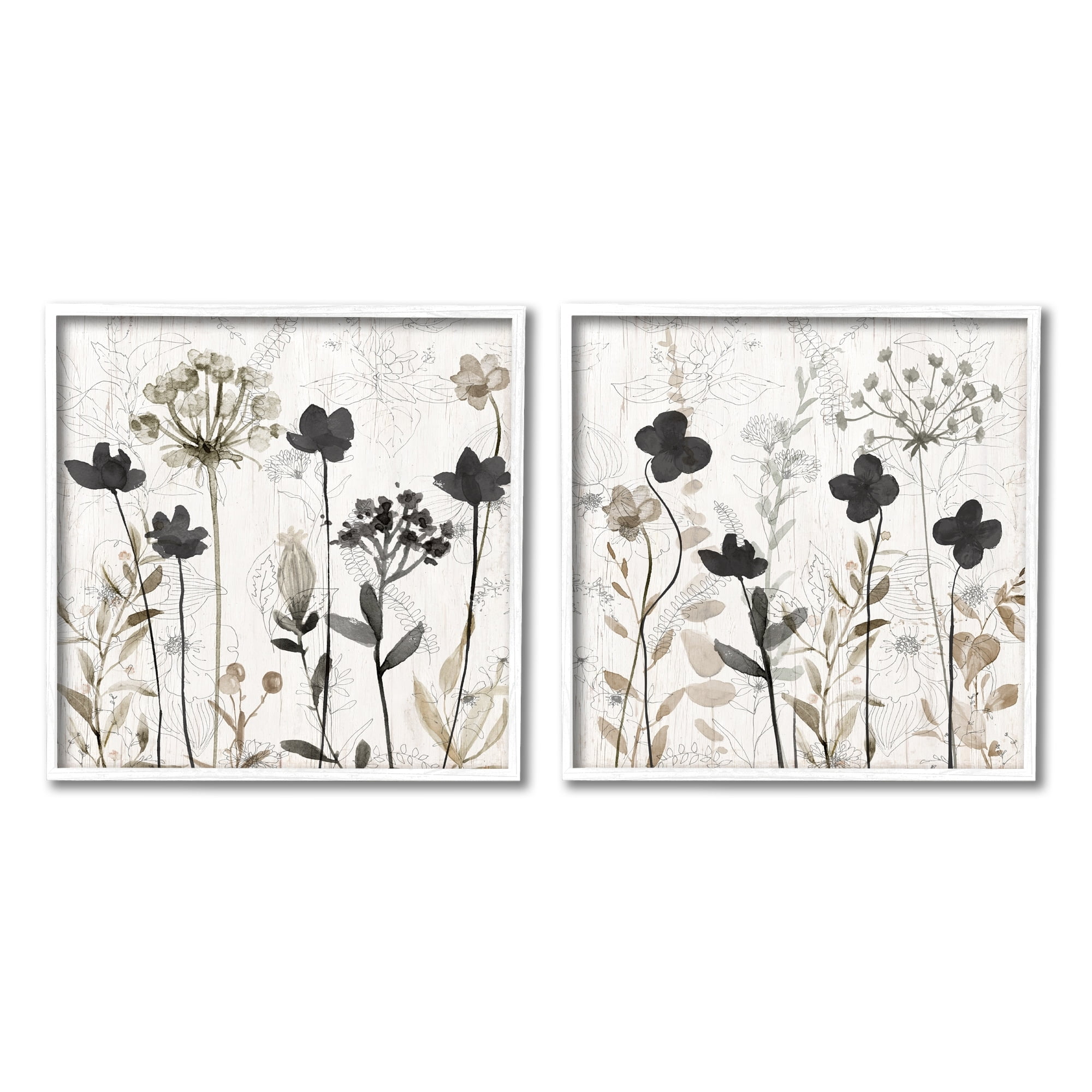 Stupell Industries Neutral Flower Hues Rustic Boho Botanical & Floral Painting White Framed Art Print Wall Art, Set of 2