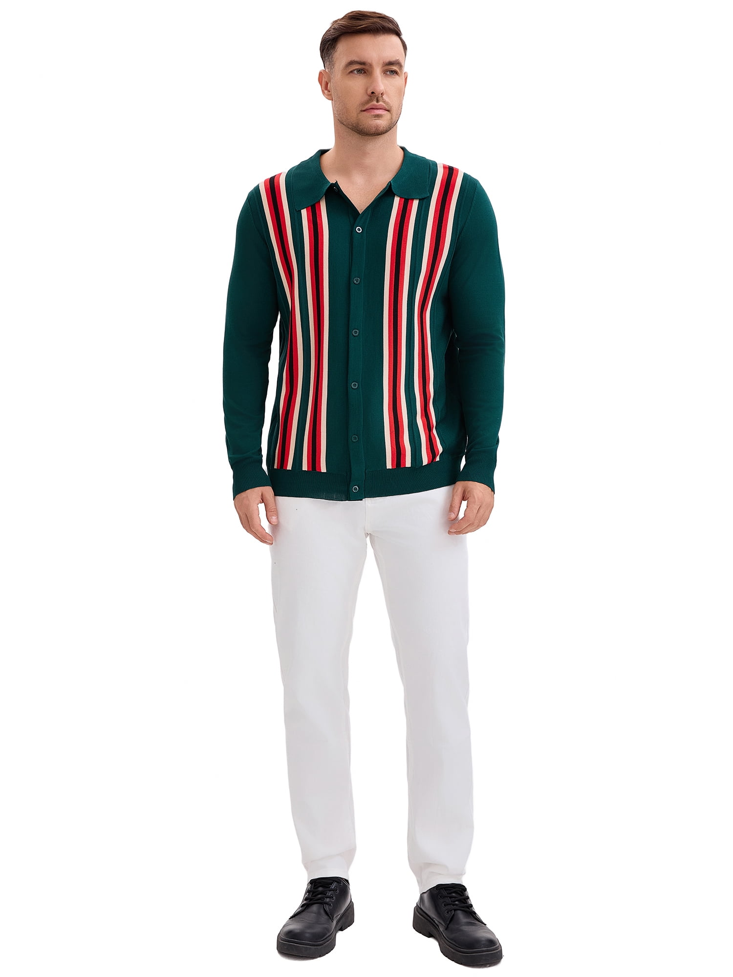 DARING DIVA Men's Long Sleeves Button Down Printing Knitted Polo Shirts M Green