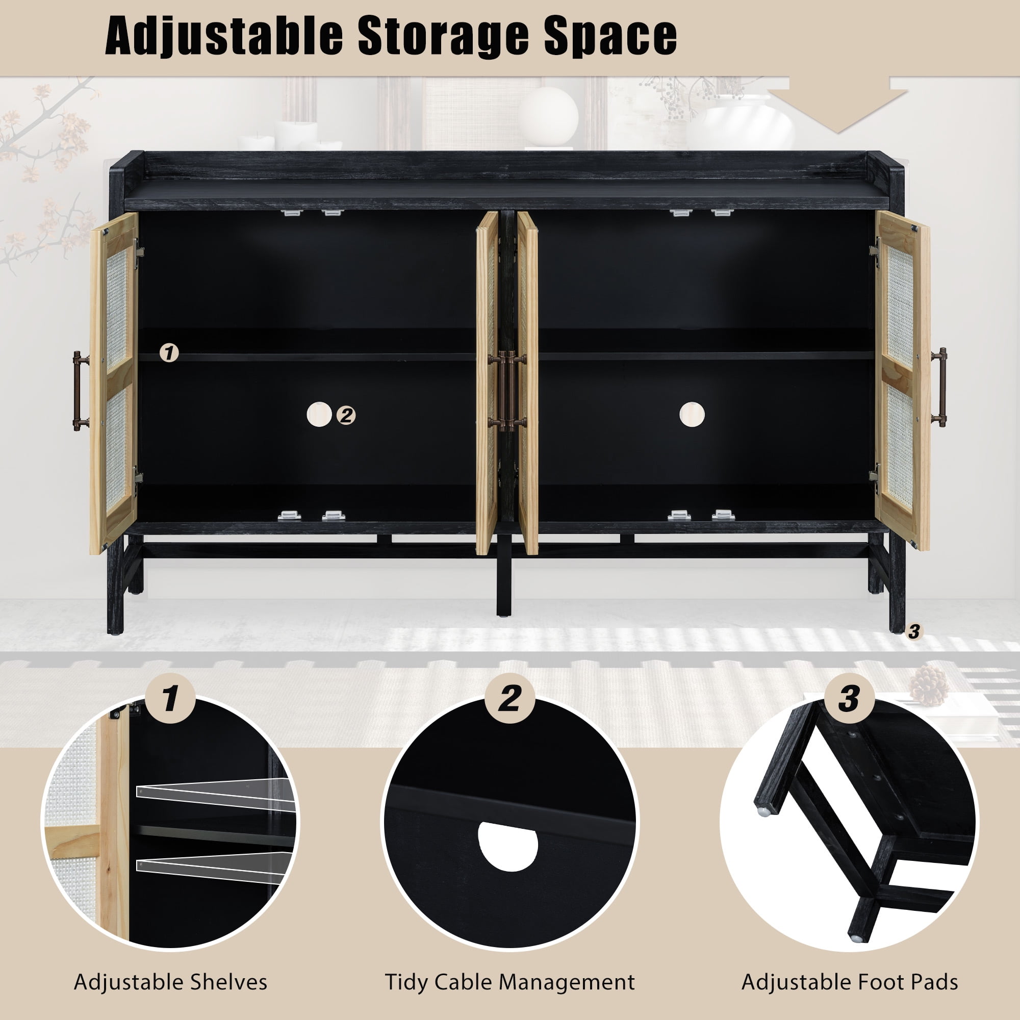 MAYEERTY Rustic Sideboard Cabinet with Rattan Doors, Buffet Cabinet with Storage for Dining Room & Living Room, Black+Natural