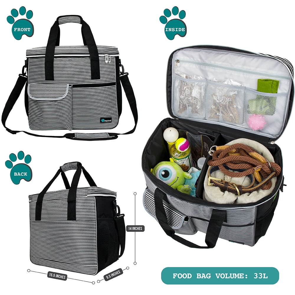 PetAmi Dog Travel Bag Travel Pet Bag Organizer Dog Food Travel Bag with Food Container and Bowls Dog Travel Supplies Gift Accessories for Weekend Camping Dog Cat Diaper Bag Stripe Black Large